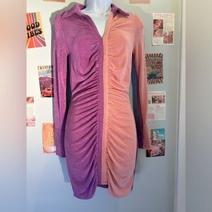 Two-Tone Ruched Long Sleeve Dress